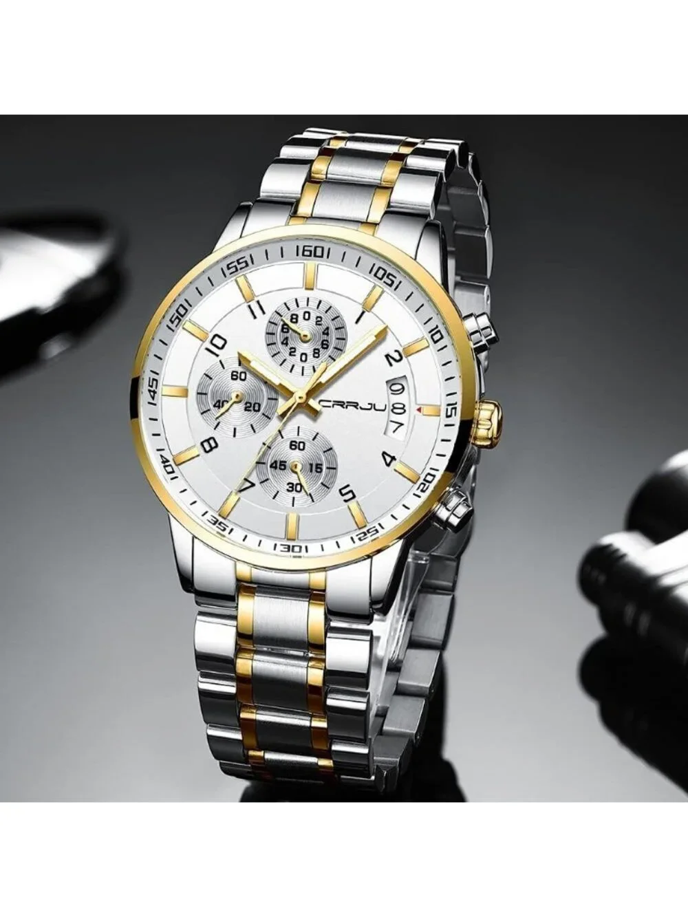 Mens Silver And White Analog Stainless Steel Waterproof Chronograph Wrist Watch